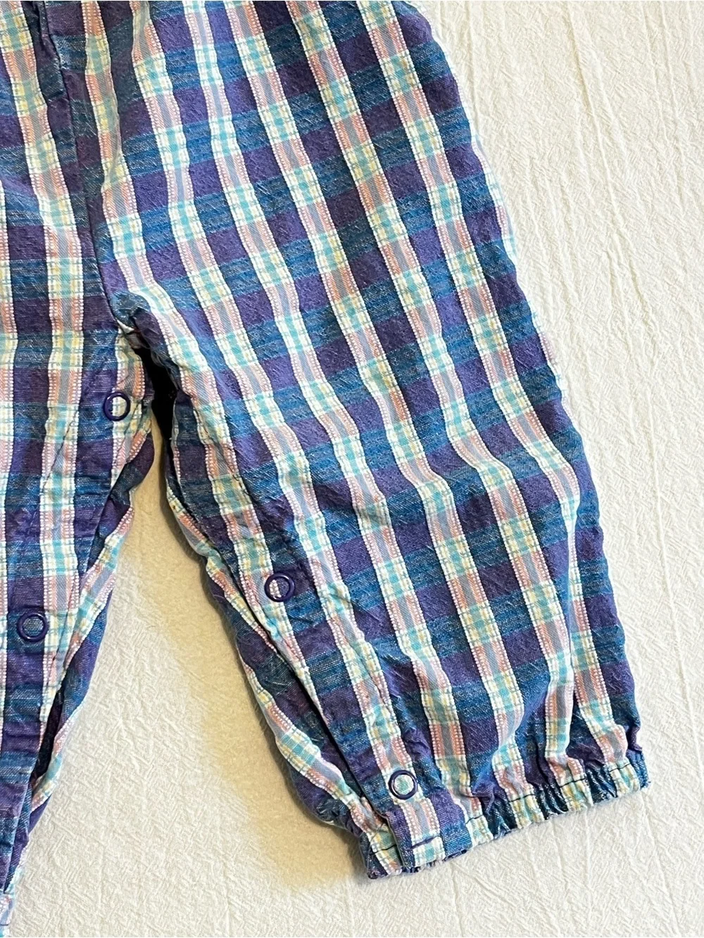 Vintage OshKosh B’Gosh 90s Plaid Overalls Baby USA Made Pink Blue Snap Romper